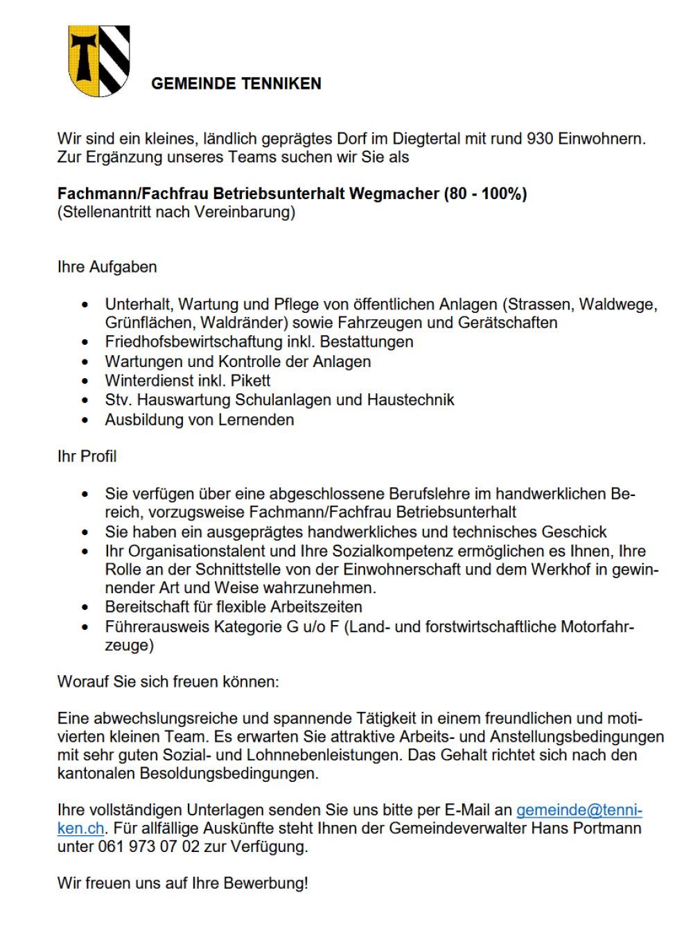 Fachmann/Fachfrau Betriebsunterhalt Wegmacher (80 - 100%) (1/1)